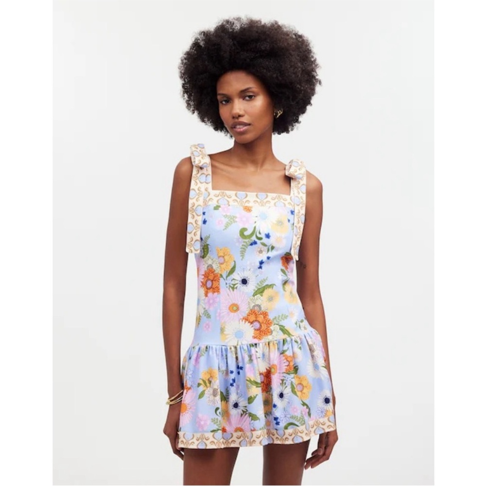 Agua Bendita x Madewell Blue Purple Floral Drop Waist Joaquina Mini Dress